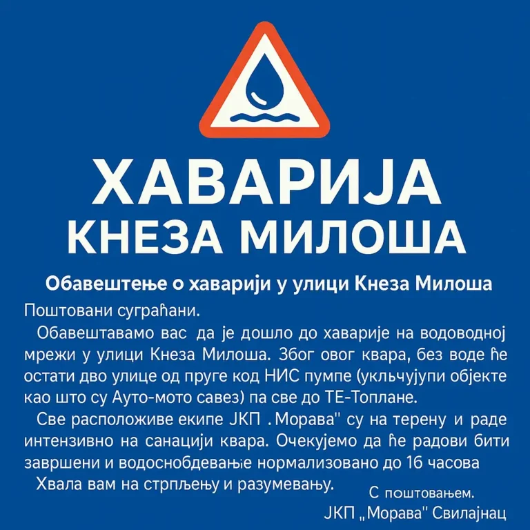 Обавештење о хаварији у улици Кнеза Милоша – 07.07.2025.